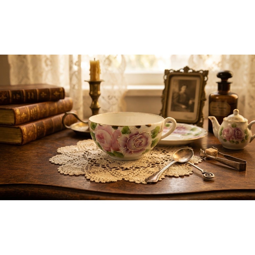 Antique 1910 Hand Painted Porcelain Rose Teacup Gold Gilt Bamboo Handle